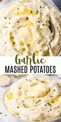 garlic mashed potatoes in a white bowl with butter and parsley on the side