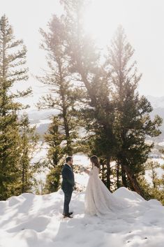 a bride and groom standing in the snow with pine trees behind them at their wedding