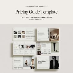 the pricing guide is displayed on top of a white background with black and white images