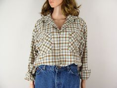 Vintage Plaid Button Down Shirt 70s Big Mac JC Penny Size Large Oversized Western Style Work Shirt Fall Back to School Collared Shirt 1970s Fall Back To School, Plaid Shirt Women, Cream Shirt, Fall Back, Big Mac, Work Shirt, Plaid Fashion, Vintage Plaid, Plaid Design