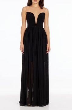 An illusion neck creates a stunning silhouette that draws attention to this floor-grazing gown that's partially lined leaving the skirt semisheer. 60" length (size Small) Hidden back zip; keyhole with button-and-loop closure Jewel neck Sleeveless Stretch lining 97% polyester, 3% spandex Machine wash, dry flat Imported