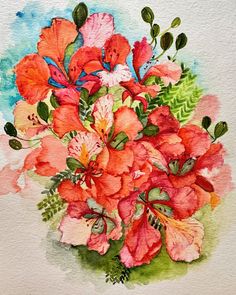 watercolor painting of red and pink flowers