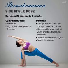 a woman doing yoga poses with the words side angle pose above her and below her