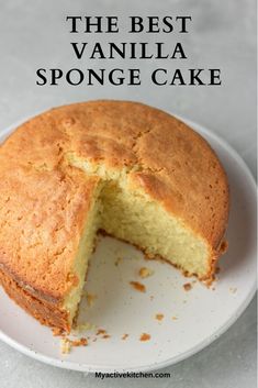 an easy vanilla sponge cake on a white plate