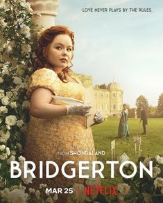 the poster for bridgerton is shown in front of flowers