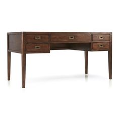 the desk is made from wood and has two drawers on one side, with an open drawer