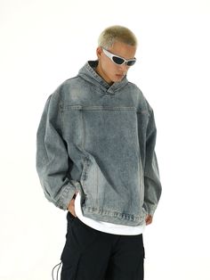 Model is 5ft 9''(176cm) tall, 145 lbs(66kg) weight and wearing a size L168cm 59kg wearing a size M - HOODED- Denim- Pullover- Pockets Denim Pullover, Denim Sweatshirt, Denim Hoodie, 150 Lbs, Short Vest, New Pant, Pull Sweat, Slim Fit Shorts, Korean Men