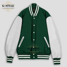 This is Forest Green & White Varsity Jacket is made of High Quality Wool and Cowhide Leather Sleeves. The Front of this Jacket is Snaps Closure. Collar and Cuffs of the Jacket are Rib Knitted.  It has Four Pockets (Genuine Leather trim is used on the Pockets).  Polyester Quilted Lining is used inside to make you feel warm and comfortable. NOTE: ● Please look at the product images and carefully select your required size. ● Product color may vary due to photographic lighting sources or your monito Green Varsity Outerwear With Baseball Collar, Green Varsity Jacket With Baseball Collar For Fall, Green Hooded Varsity Jacket, Green Hooded Cotton Varsity Jacket, Green Cotton Long Sleeve Varsity Jacket, Green Long Sleeve Varsity Jacket, Green Varsity Outerwear For College, Green Hooded Varsity Jacket For College, Green Fitted Varsity Outerwear