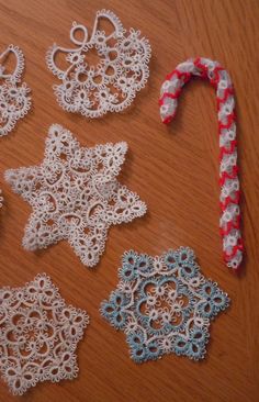 several ornaments are laid out on a table