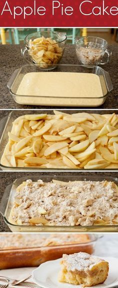 apple pie cake with apples in the background and three pictures showing how to make it