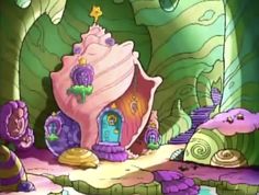 an image of a cartoon house in the middle of some plants and rocks with stairs leading up to it