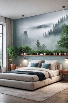 Serene bedroom with wallpapered feature wall and shelves Shelving Bedroom Wall, Cool Bedroom Wallpaper, Bedroom Building Ideas, Room Wall Painting Bedrooms, Bedroom Ideas Hotel Style, Wallpapers For Bedroom Walls, Bedroom Ideas With Wallpaper, Atmospheric Bedroom, Bedroom Oasis Ideas