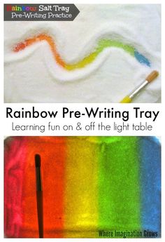 the rainbow pre - writing tray is filled with colored crayons