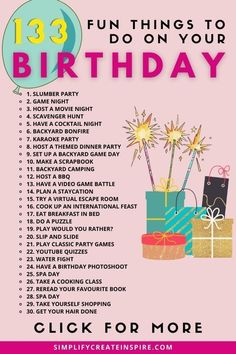 a birthday list with presents on it and the words, fun things to do on your birthday