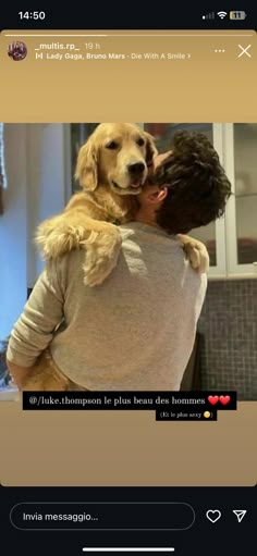 a man holding a dog in his arms with the caption's message below