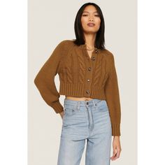 Brown knit (60% Cotton, 30% Nylon, 10% Wool). Top. Crew neck. Long sleeves. Front button closure. 16.5" from shoulder to hemline. Imported. Knit Button-up Fall Outerwear, Knit Button-up Outerwear For Fall, Cozy Button-up Fall Sweater, Fitted Chunky Knit Top For Fall, Winter Long Sleeve Cropped Sweater With Buttons, Trendy Cable Knit Cardigan For Workwear, Chic Cable Knit Button-up Cardigan, Fall Cable Knit Button-up Cardigan, Chic Button-up Knit Sweater