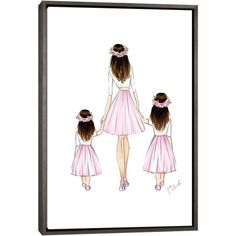 three girls in pink dresses holding hands and looking at each other with their back to the camera