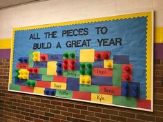 a bulletin board that says all the pieces to build a great year with legos on it