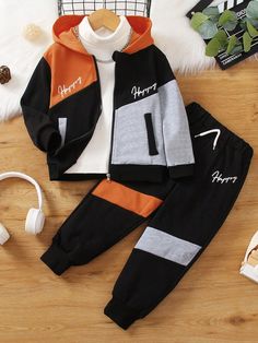 Brown Casual Collar   Colorblock,Letter  Embellished Medium Stretch  Young Boys Clothing Cuffed Pants Outfit, Boy Letter, Colorblock Hoodie, Hoodie And Sweatpants, Mode Casual, Boys Set, Boys Casual, Boys Clothing, Casual Style Outfits