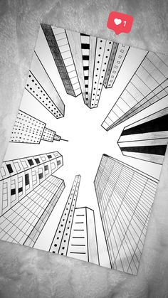 a drawing of skyscrapers is shown in the middle of a square shape with black and white lines