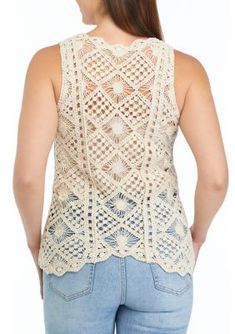 Charming details add a touch of femininity to this sleeveless pick from Ultra Pink. Style it with your favorite denim for the ideal warm-weather look. | Ultra Pink Women's Crochet Knit Tank Top, Large Cotton Crochet Lace Tank Top For Spring, Casual Cotton Tank Top With Crochet Lace, Knit Tank Top, Pink Style, Knit Tank, Knitted Tank Top, Knit Tanks, Warm Weather, Womens Clothing Tops