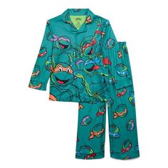 Cowabungaits time for bed! This Teenage Mutant Ninja Turtles Coat Pajama Set for Boys features fun, allover prints of his favorite characters. The long-sleeve sleep top has a notch collar, button-front closure and a relaxed fit. The sleep pants have a pull-on style with an elastic waistband to gently hug his body for easy, comfy wearingperfect for a night of lounging and sleep. Size: 4/5.  Color: Green.  Gender: male.  Age Group: kids. Turtle Clothes, Time For Bed, Christmas Coat, Black Pokemon, Boys Fleece, Fleece Pajamas, Dreamy Room, Kids Clothes Boys, Sleep Pants