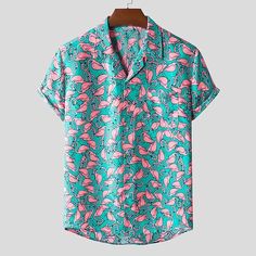 Flamingo Hawaiian Beach Flower Shirt Men's Summer Hawaii Style ,summer Print Shirt Mens Beach Shirts, Striped Shirt Men, Stylish Shirts Men, Camp Shirts, Flamingo Shirt, Cardigan Casual, Loose Fit Shirts, Flamingo Print, Print Shorts