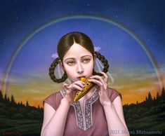 a painting of a woman holding a piece of food in front of her face with a rainbow in the background