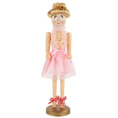 a wooden doll wearing a pink dress and red bow on it's head, standing in front of a white background