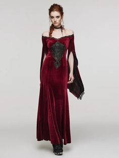 Plus Size Friendly Black and Red Goth Dress Pointed Sleeves, Velvet Wedding Dress, Red Goth, Gothic Party, Velvet Evening Gown, Gothic Floral, Velvet Wedding, Fall Fashion Skirts, Dress Display