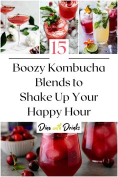 Collage of 4 kombucha cocktails. Kombucha Mixed Drink, Kombucha Alcoholic Drinks, Kombucha Drink Recipes, Peach Kombucha, Chambord Cocktails, Boozy Recipes, Best Kombucha, Kombucha Drink, Kombucha Cocktail