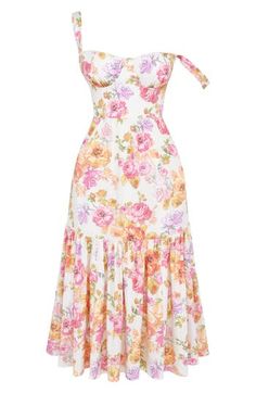 Freshen up your garden-party style in a romantic floral sundress fashioned with corset-style cups, adjustable straps and a full tiered skirt. Exclusive retailer Sweetheart neck Adjustable straps Lined 65% cotton, 32% nylon, 3% elastane Dry clean Imported Floral Bustier, Midi Sundress, Stretch Cotton Fabric, Floral Sundress, House Of Cb, Pink Midi Dress, Corset Style, Tier Skirt, Tiered Skirt