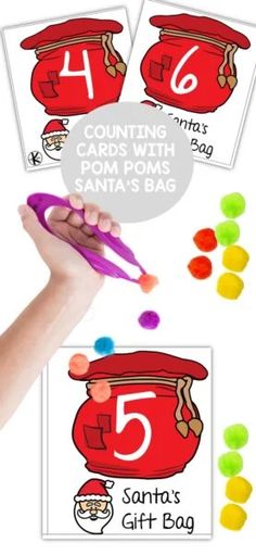 counting cards with pom poms and santa's bag for kids to use