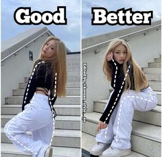 two pictures of a woman sitting on some steps with the words good and better in front of her