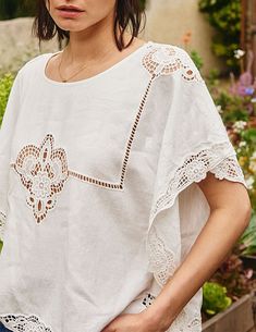 Soft and dimensional in a dreamy caftan fit, the Piper top features an ultra relaxed shape with gorgeous openwork lace throughout for a semi-sheer finish. Cut from a true white, airy cotton, Piper is a perfect topper for distressed denim, cut-offs or a printed skirt. 100% cotton Unlined Sheer openwork lace Very relaxed fit SMALLbust - open / waist - 44" / length - 21” / sleeve - 7.5" MEDIUMbust - open / waist - 46" / length - 22" / sleeve - 7.5" LARGEbust - open / waist - 48" / length - 23" / sl Printed Skirt, Cut Offs, Dress Hats, Sweater Skirt, Distressed Denim, Denim Dress, Sweater Top, Jumpsuit Romper, Lace Top