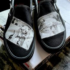 Vans Slip On Custom Sailor Moon Shoes. Never Worn, Insole Is Removable, Details On Each Shoe Are Different With Patchwork Theme. Size: 7.5 Men/ 9 Women Black Custom Sneakers With Anime Print And Round Toe, Black Custom Sneakers With Anime Print, Black Sneakers With Anime Print And Round Toe, Black Anime Print Sneakers With Round Toe, Black Vans Custom Sneakers With Round Toe, Black Custom Sneakers With Removable Insole And Round Toe, Vans Custom Sneakers With Rubber Sole And Round Toe, Vans Custom Slip-on Sneakers With Rubber Sole, Sailor Moon Shoes