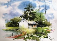 a watercolor painting of a small house by the river with trees and grass around it