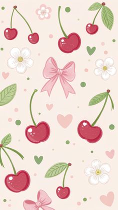 cherries with bows and hearts on a pink background