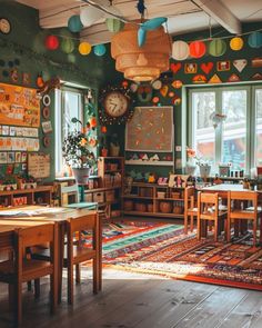 a room filled with lots of wooden tables and chairs next to large windows covered in paper lanterns