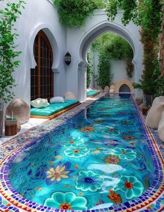 an indoor swimming pool with blue and red tiles on the floor, surrounded by greenery