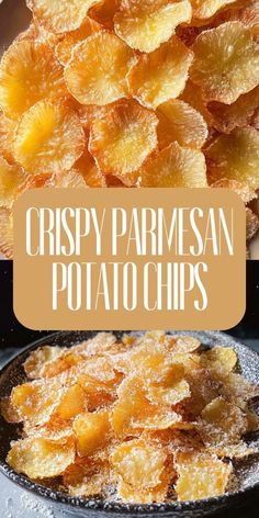 crispy parmesan potato chips in a skillet with the title above it