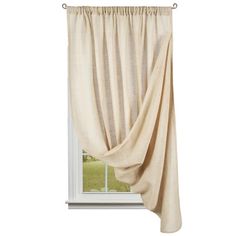 an open window with a curtain hanging from it's side and the curtains pulled back