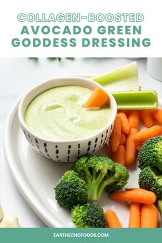 broccoli, carrots and celery on a plate with the title collagen - bosted avocado green goddess dressing