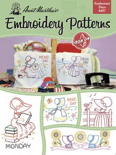 the cover of an embroidery pattern book, featuring two bags and one bag with pictures of people