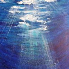 an oil painting of blue water with white clouds and sun rays coming from the ocean