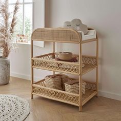 a wooden shelf with baskets on it in a room next to a potted plant