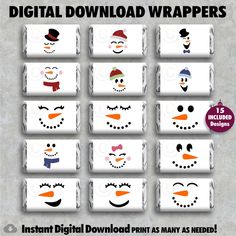 snowman faces with different hats and scarves are shown in this digital clip art file