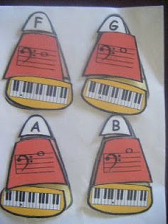 four red and yellow musical instruments stickers on a white paper sheet that says f is for piano