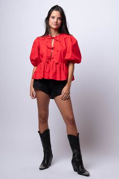 bright red top Chic Red Puff Sleeve Blouse, Red Puff Sleeve Blouse For Spring, Fitted Red Puff Sleeve Top For Spring, Red Lantern Sleeve Tops For Spring, Chic Red Lantern Sleeve Tops, Red Puff Sleeve Blouse With Ruffles, Red Balloon Sleeve Tops For Spring, Red Puff Sleeve Top For Spring, Red Puff Sleeve Top With Ruffles