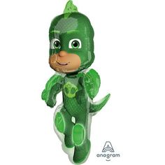 an inflatable green costumed character flying through the air